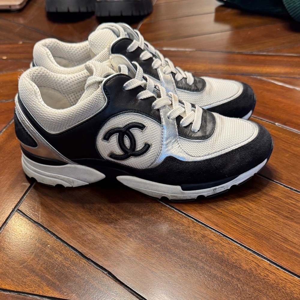 CHANEL Black White Silver Logo Sneakers